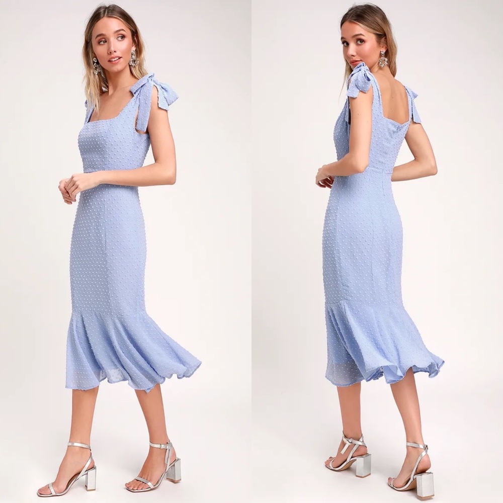 Lulus Bimini Periwinkle Blue Swiss Dot Tie-Strap Midi Dress Size Small